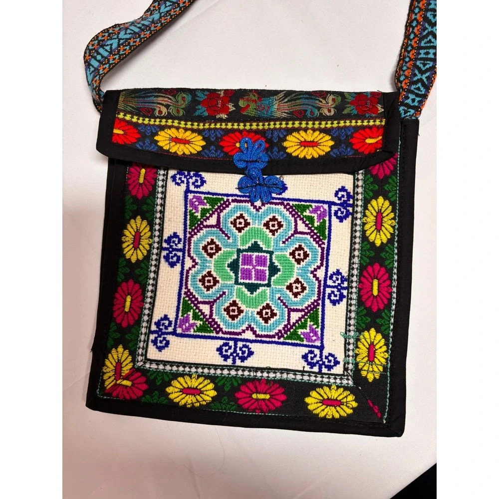 Hmong Embroidered Crossbody Bag Floral Boho Tribal Needlepoint Messenger Purse
